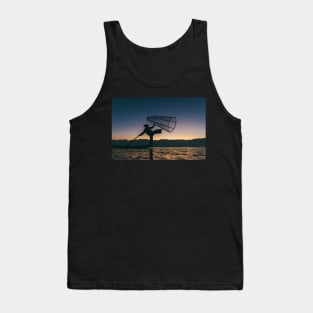 Silhouette of Traditional Fisherman on Lake Inle, Myanmar Tank Top